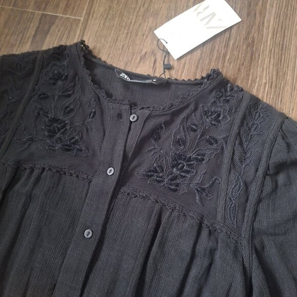 NWT Zara Black Tiered Embroidered Mini Dress Lined 100% Cotton - Picture 6 of 9